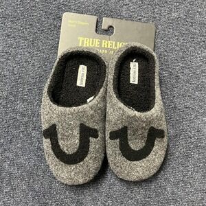 True Religion Slippers Mens Size 7-9 Small Gray Black Logo Cozy House Shoes